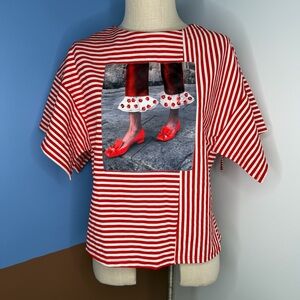 WHY Dress Red and White Striped Shirt Embellished Shoes Graphic Drop Shoulder M